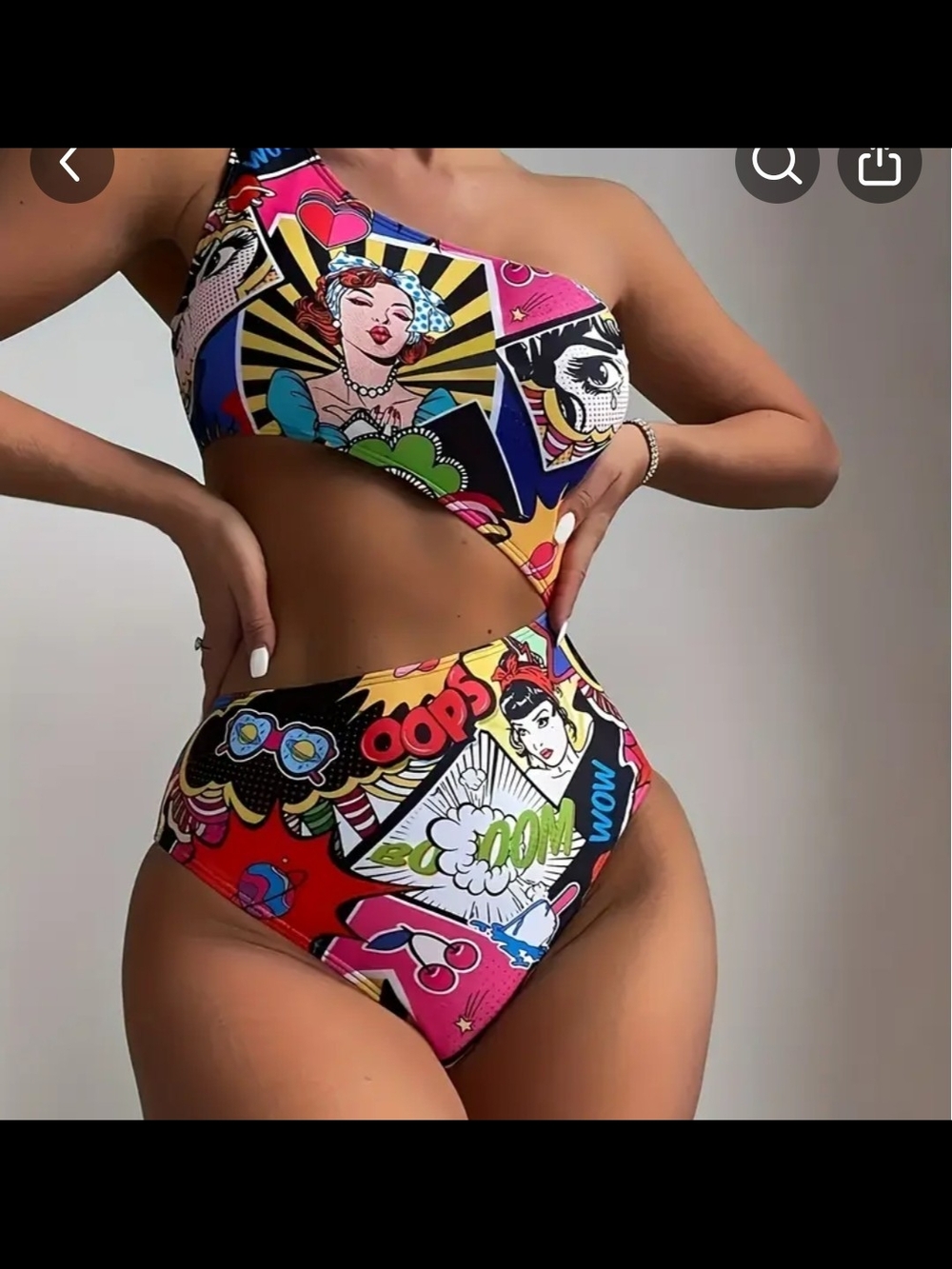 One-Shoulder Pop Art Cutout Bikini - Multicolor